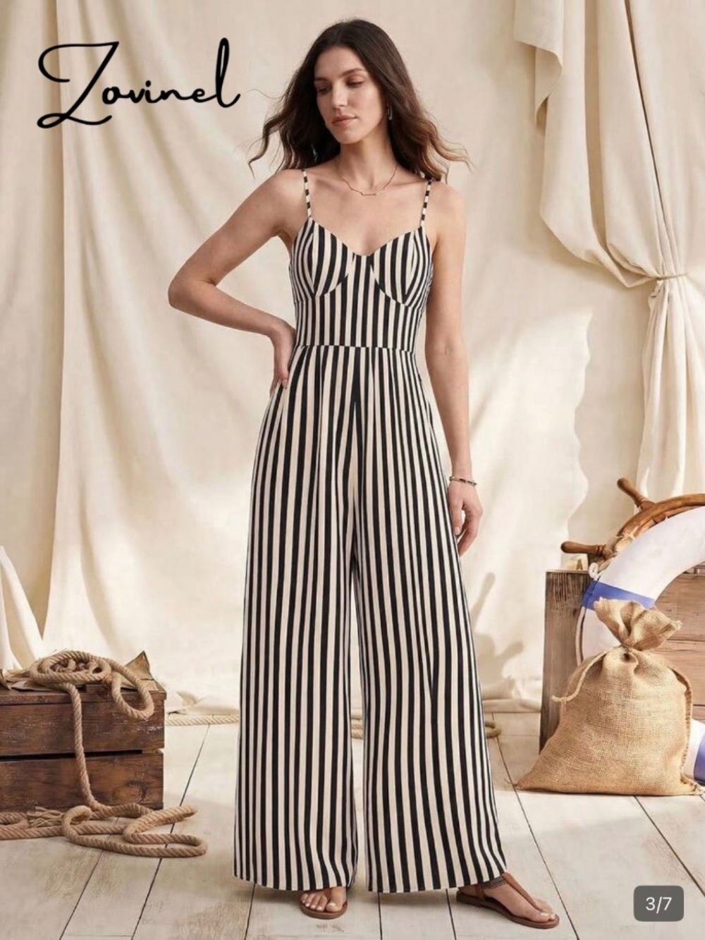 Zovinel Black and Tan Striped Jumpsuit Spaghetti Straps Size XL